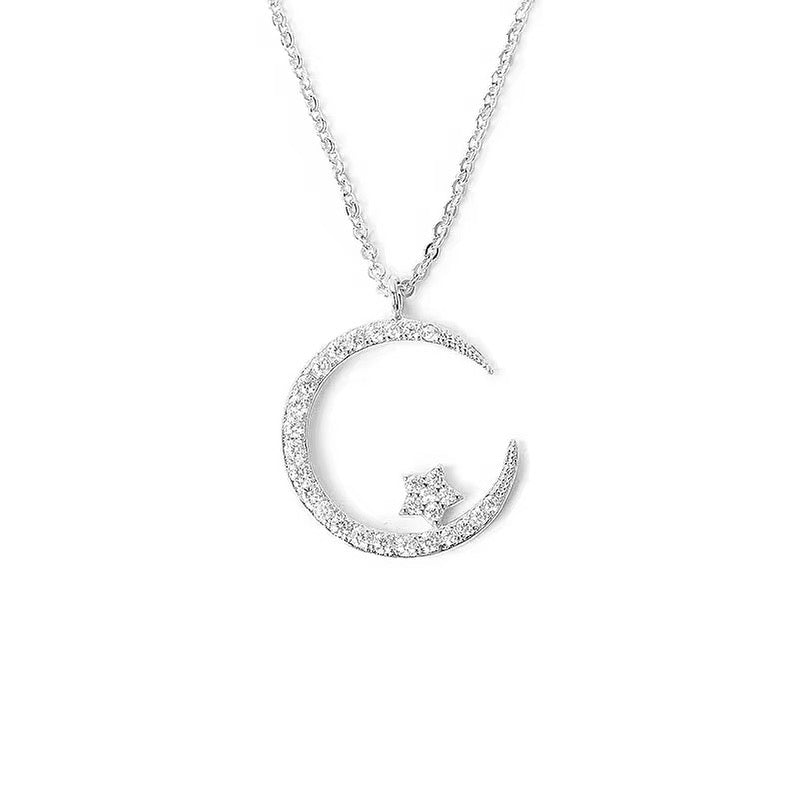 Crescent Moon & Star Crystal Necklace - Sterling Silver