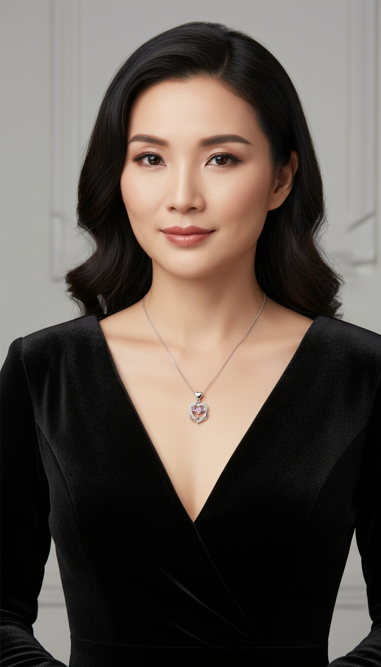 Asian woman wearing crystal necklace