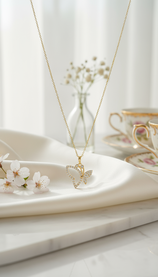 Elegant scene with heart and butterfly necklace
