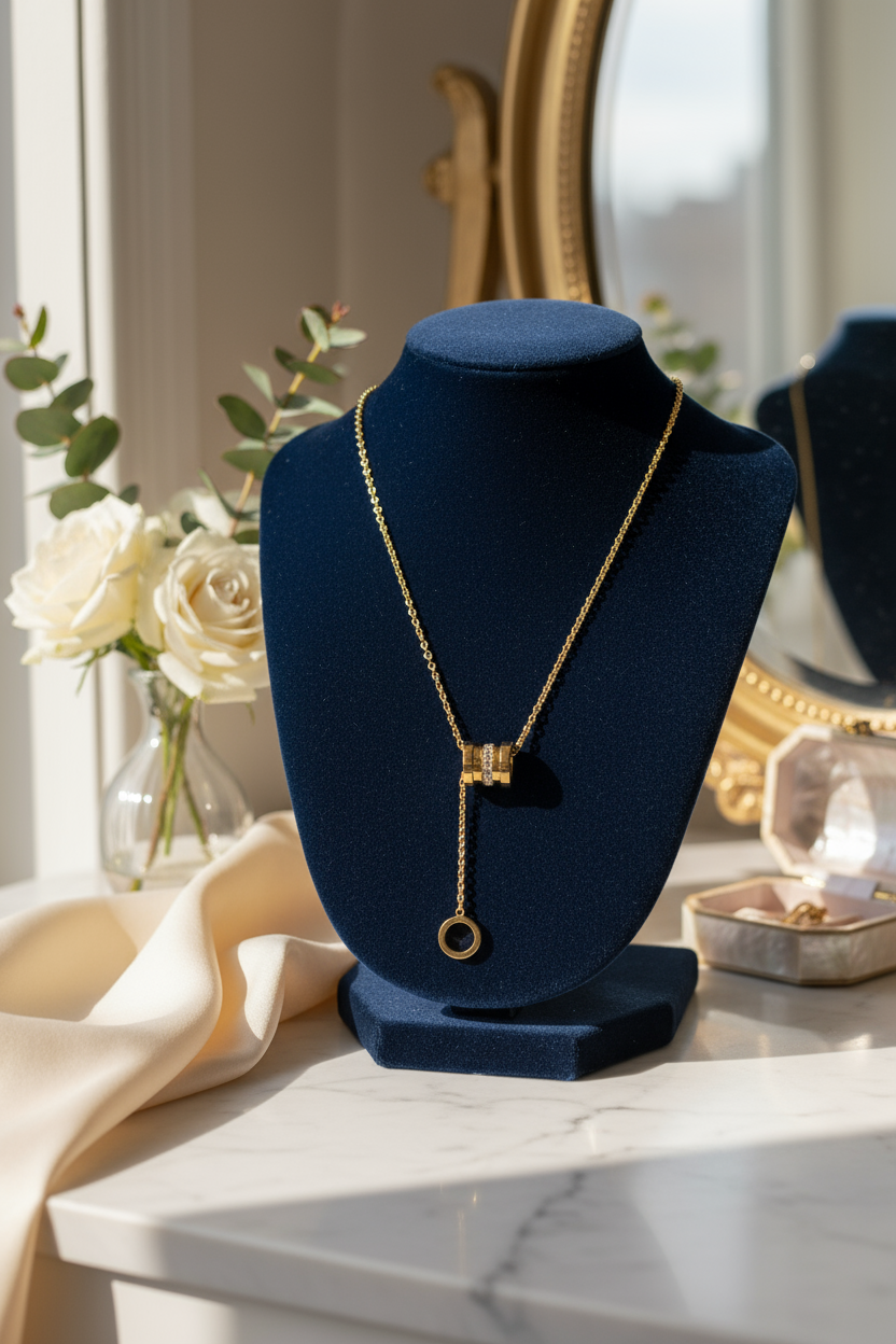 Gold lariat necklace lifestyle scene