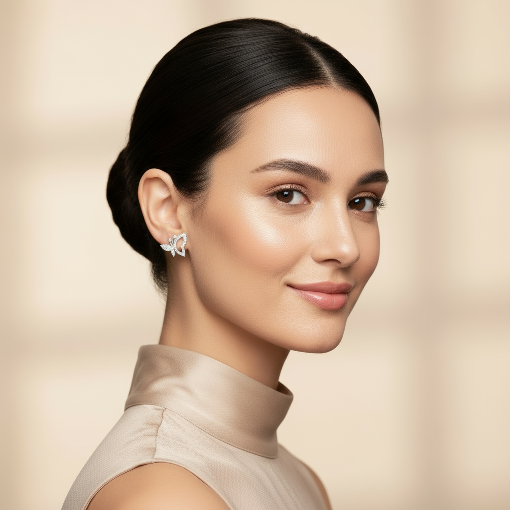 Model wearing butterfly earrings looking at camera