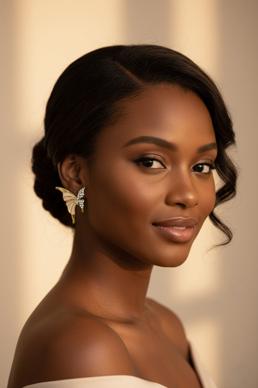 Model wearing butterfly earrings