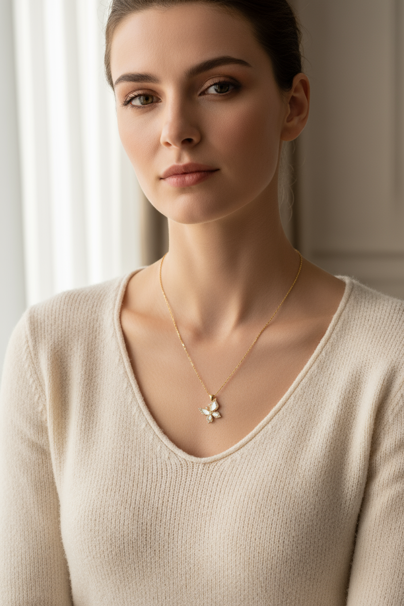 Woman wearing butterfly necklace