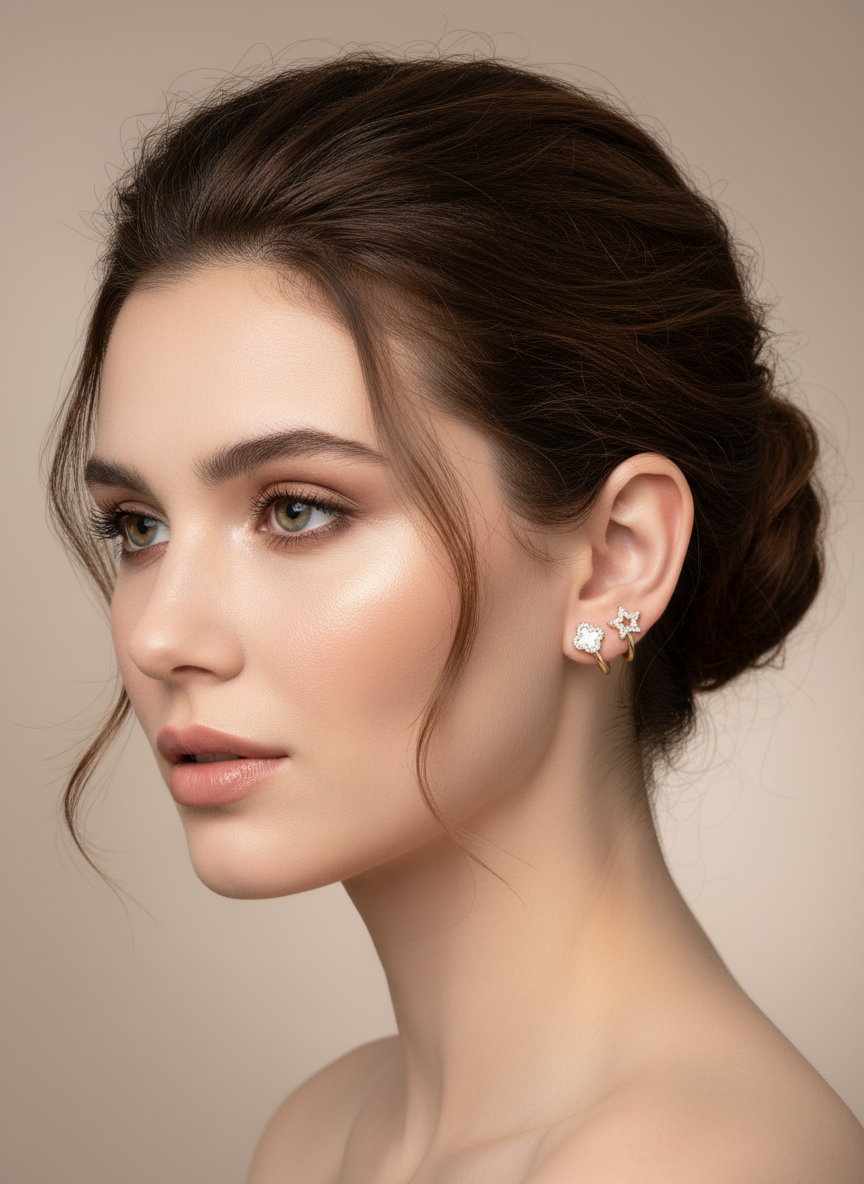Woman wearing gold crystal earrings