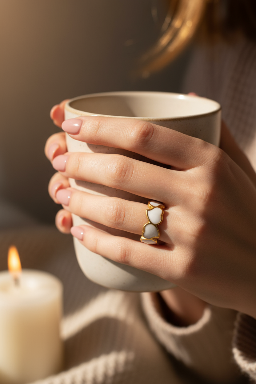 Woman wearing heart cutout ring