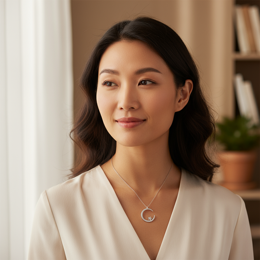 Woman wearing moon and star necklace