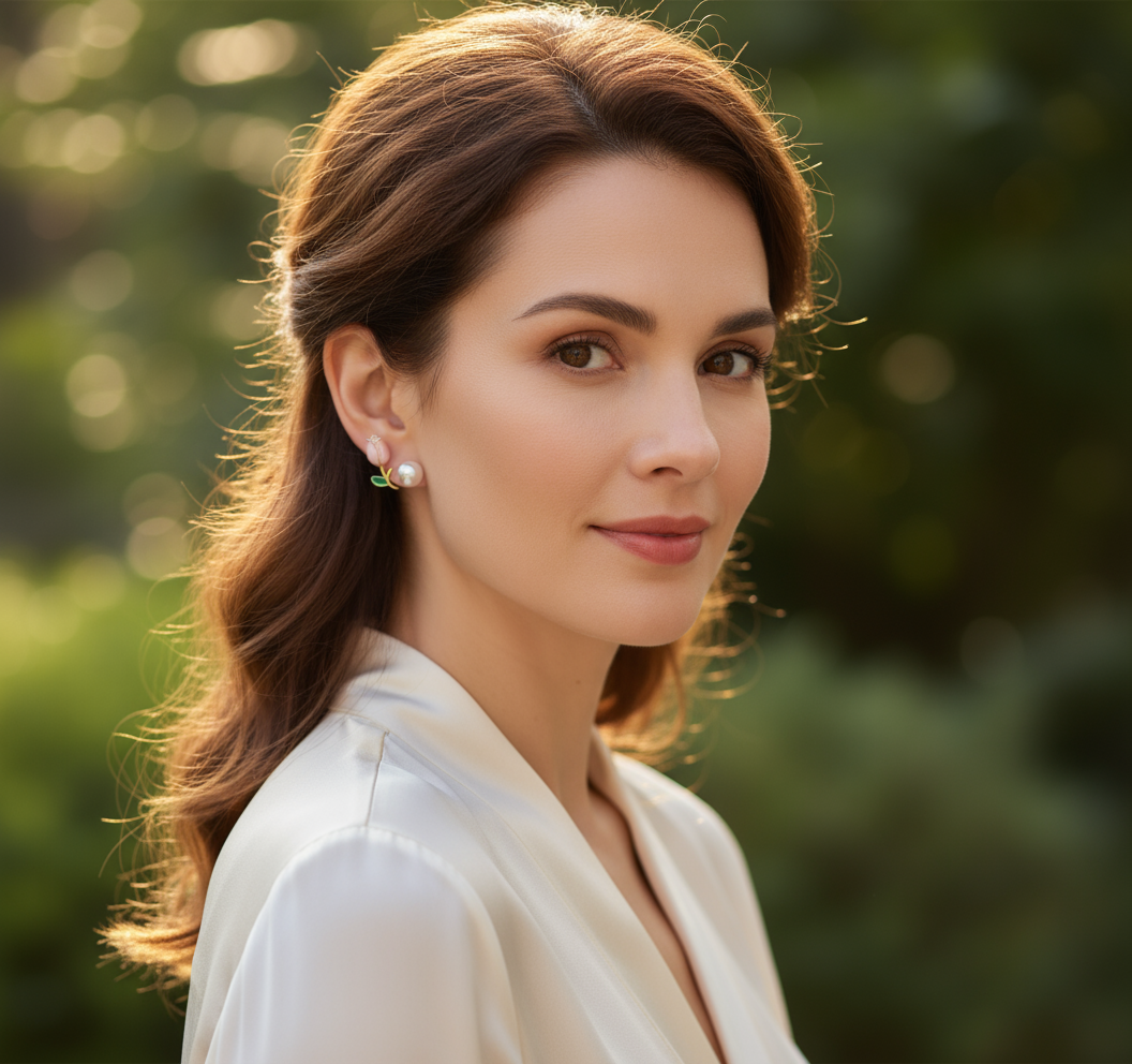 Rose Pearl Earrings with Green Leaves