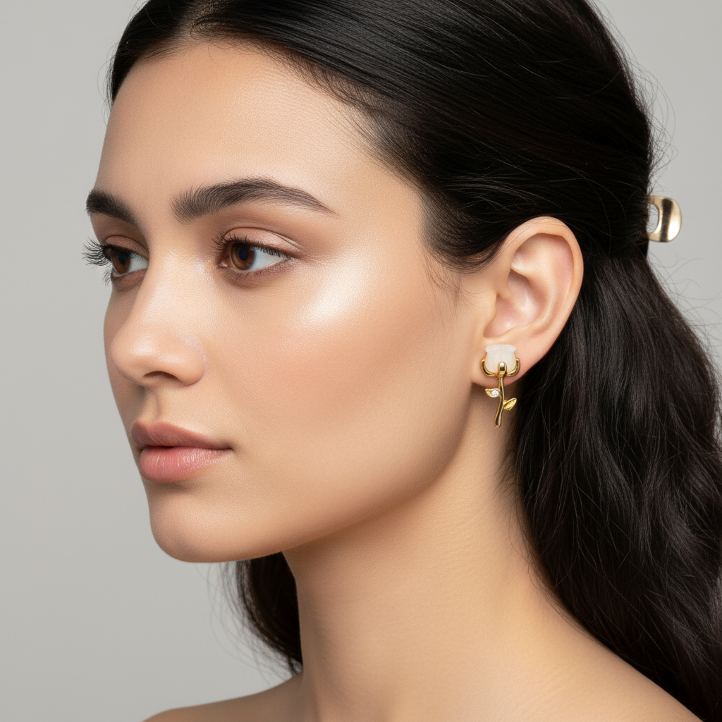Woman wearing the rose earrings at realistic size