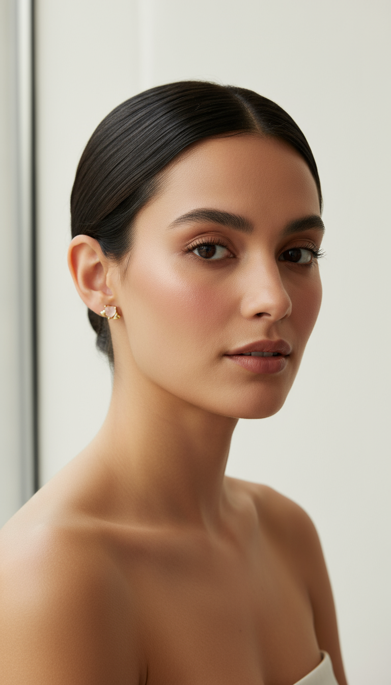 Woman wearing tiny heart earrings