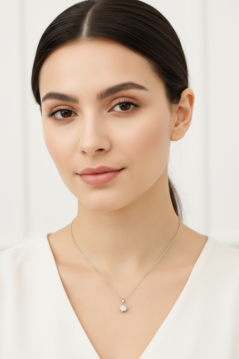 Woman with full face wearing necklace
