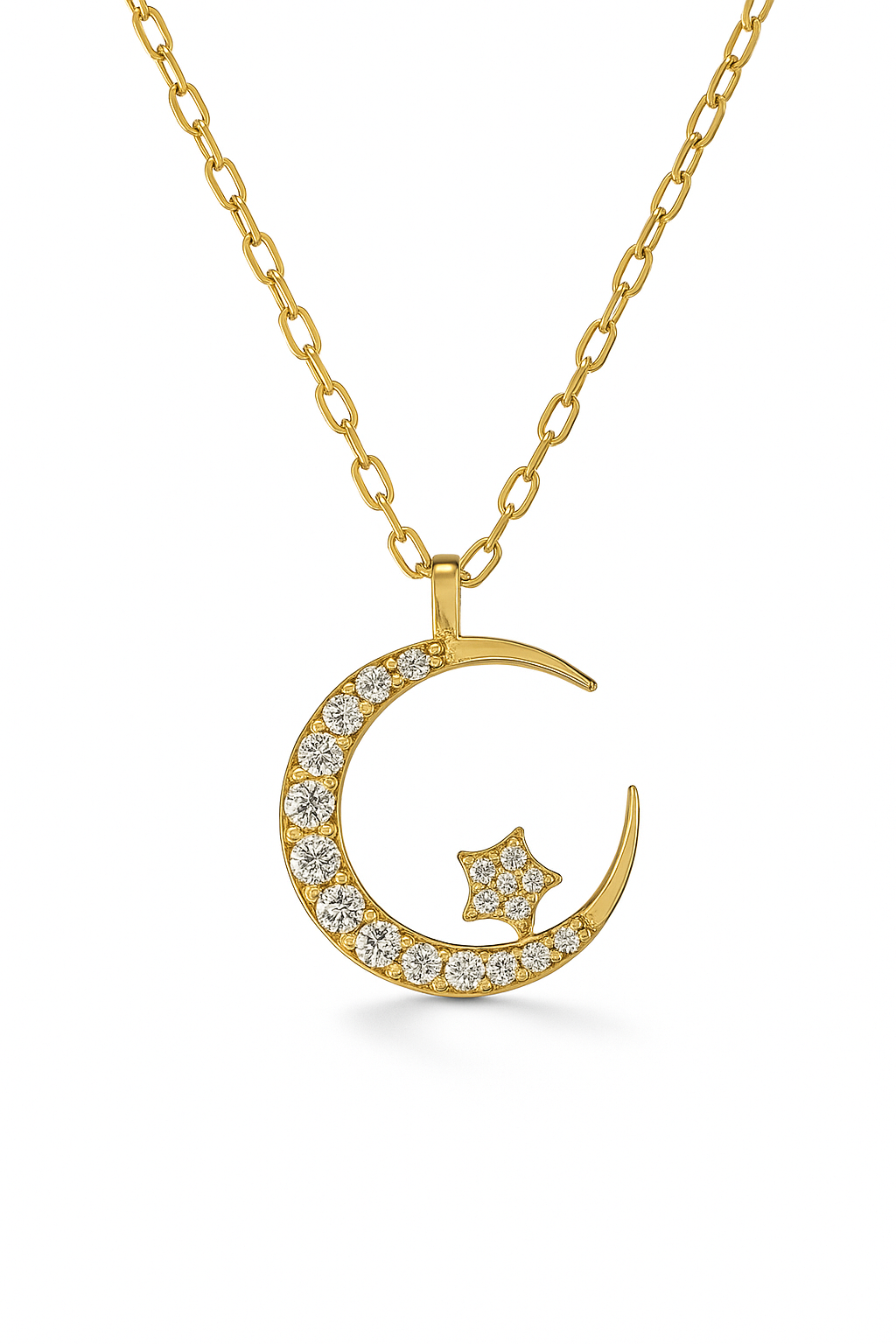 Crescent Moon & Star Crystal Necklace - Gold