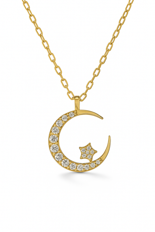 Crescent Moon & Star Crystal Necklace - Gold