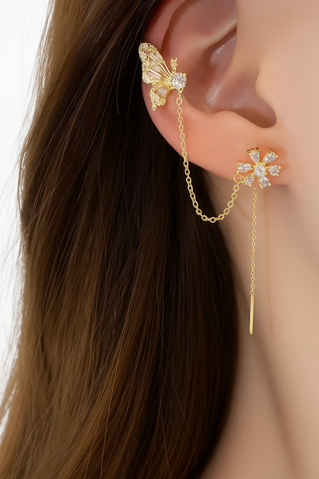 Butterfly Flower Ear Cuff - Non-Pierced Zircon Tassel Earrings