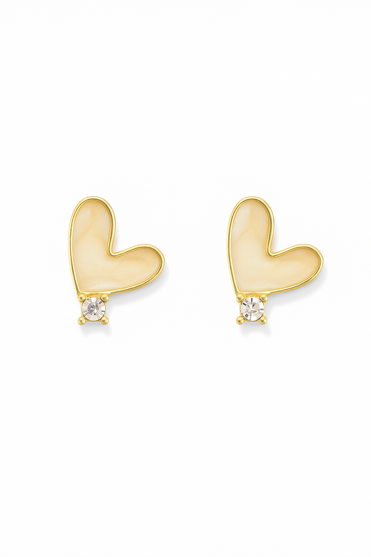 Gold Heart Stud Earrings with Crystal Accent