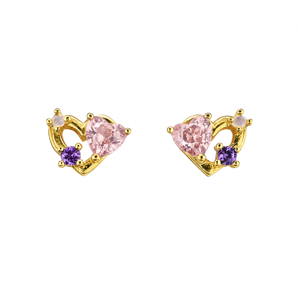 Gold Heart Earrings with Pink & Purple Gemstones