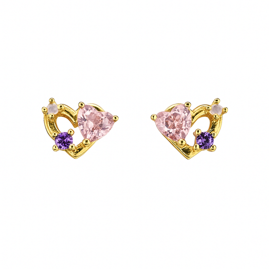 Gold Heart Earrings with Pink & Purple Gemstones