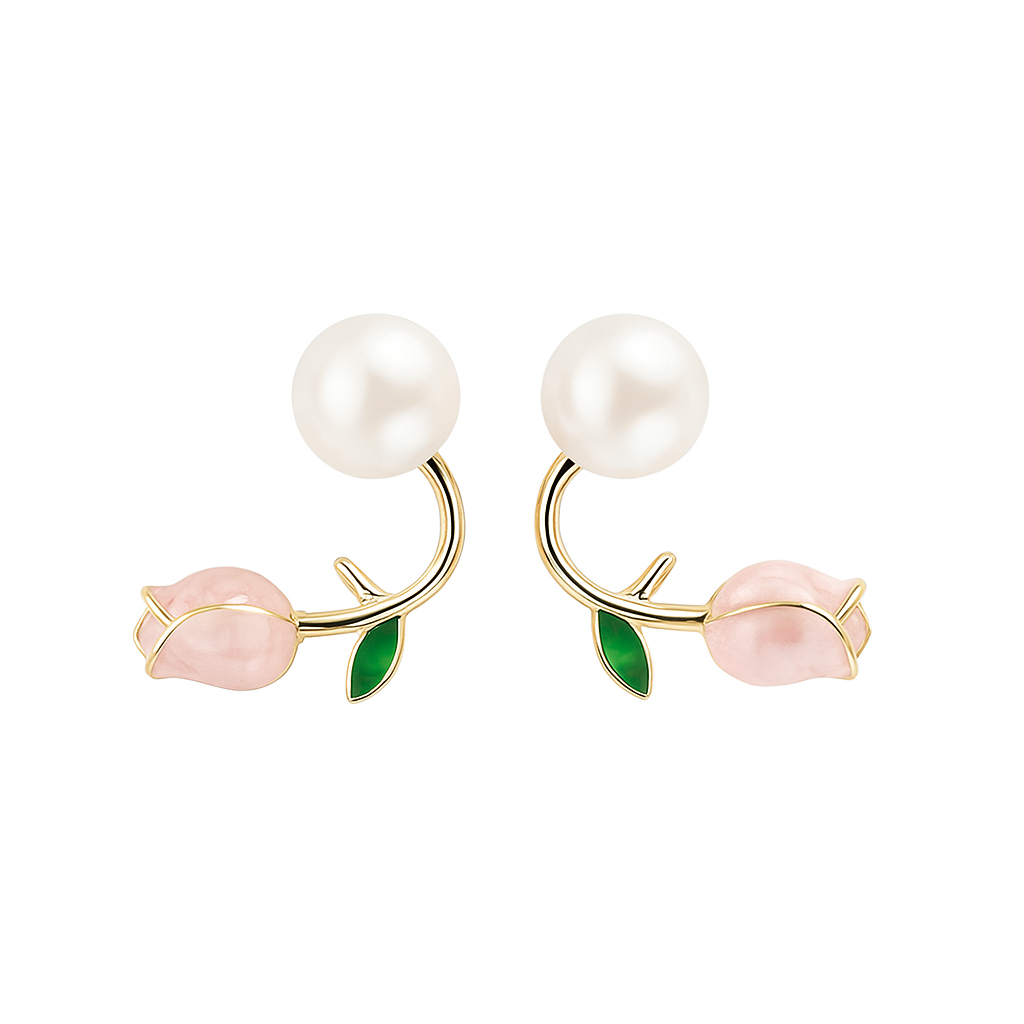 Rose Pearl Earrings with Green Leaves