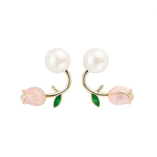 Rose Pearl Earrings with Green Leaves