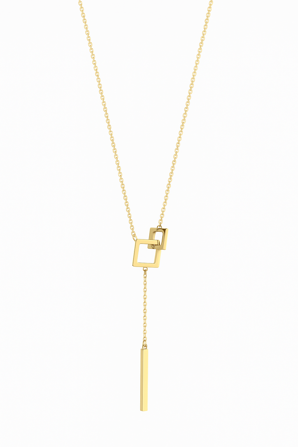 Geometric Gold Necklace with Square Pendant and Bar Drop