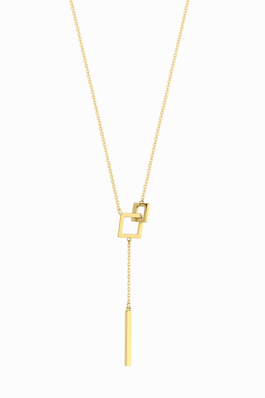 Geometric Gold Necklace with Square Pendant and Bar Drop