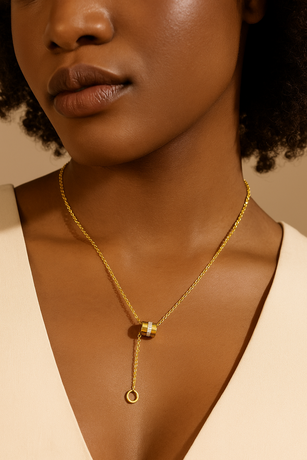 Gold Lariat Barrel Pendant