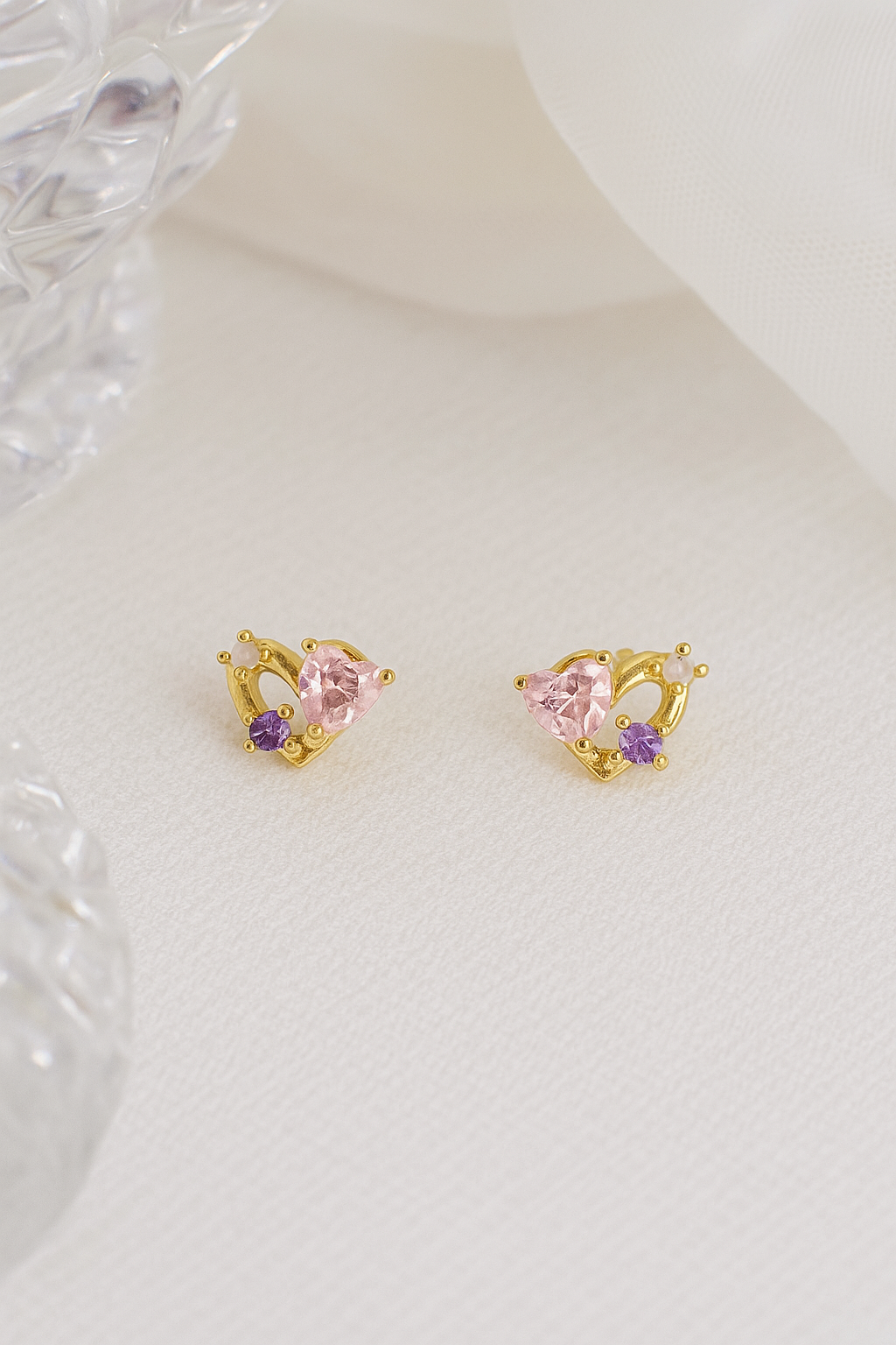 Gold Heart Earrings with Pink & Purple Gemstones