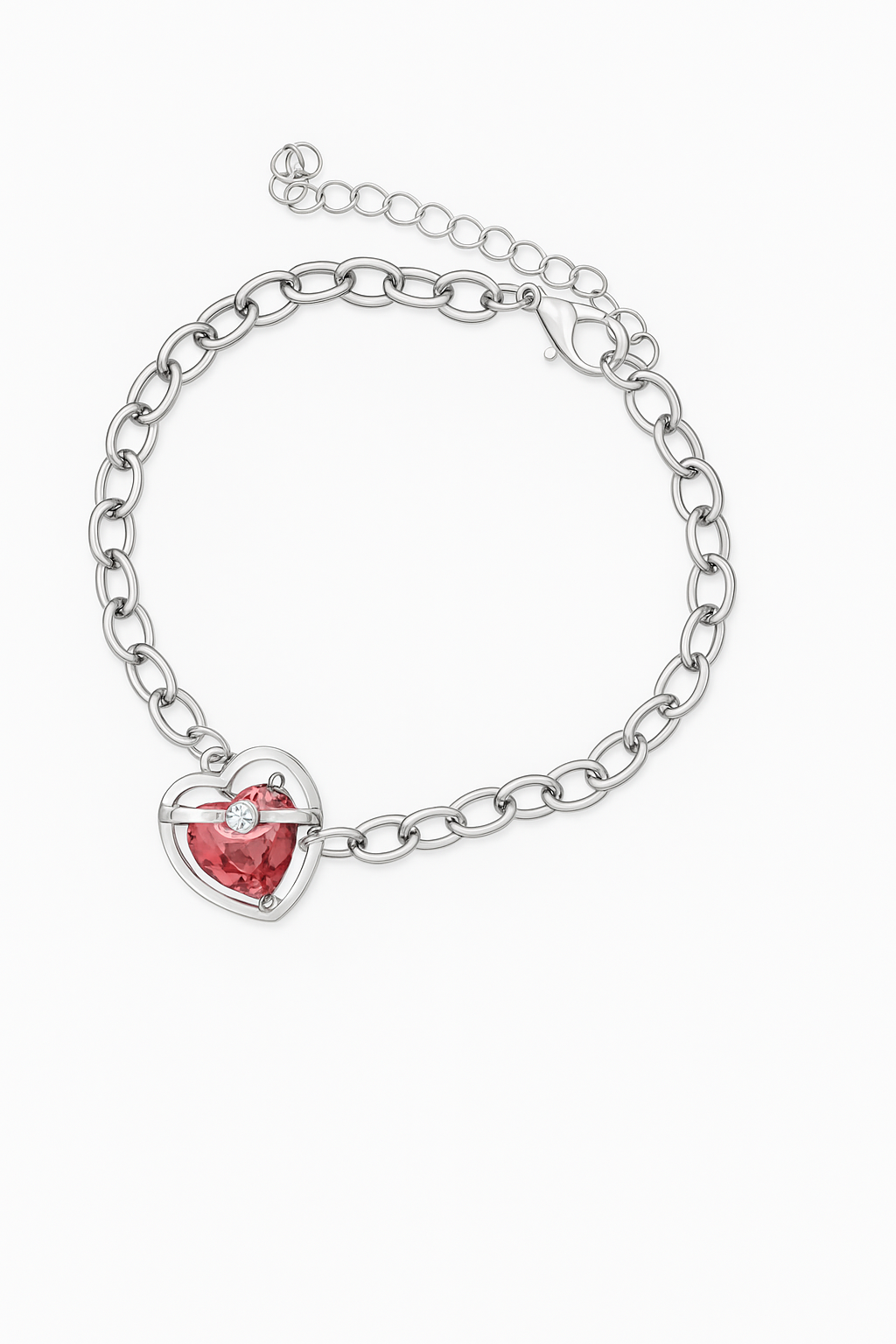 Handmade Silver Heart Charm Bracelet with Pink Crystal