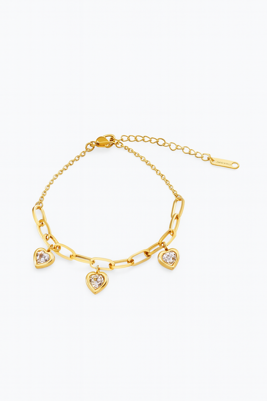 Gold Heart Charm Bracelet with Pink Gemstones