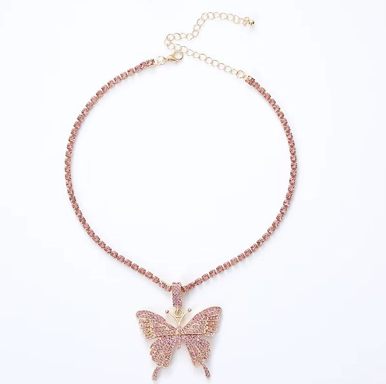 Pink Crystal Butterfly Evening Necklace
