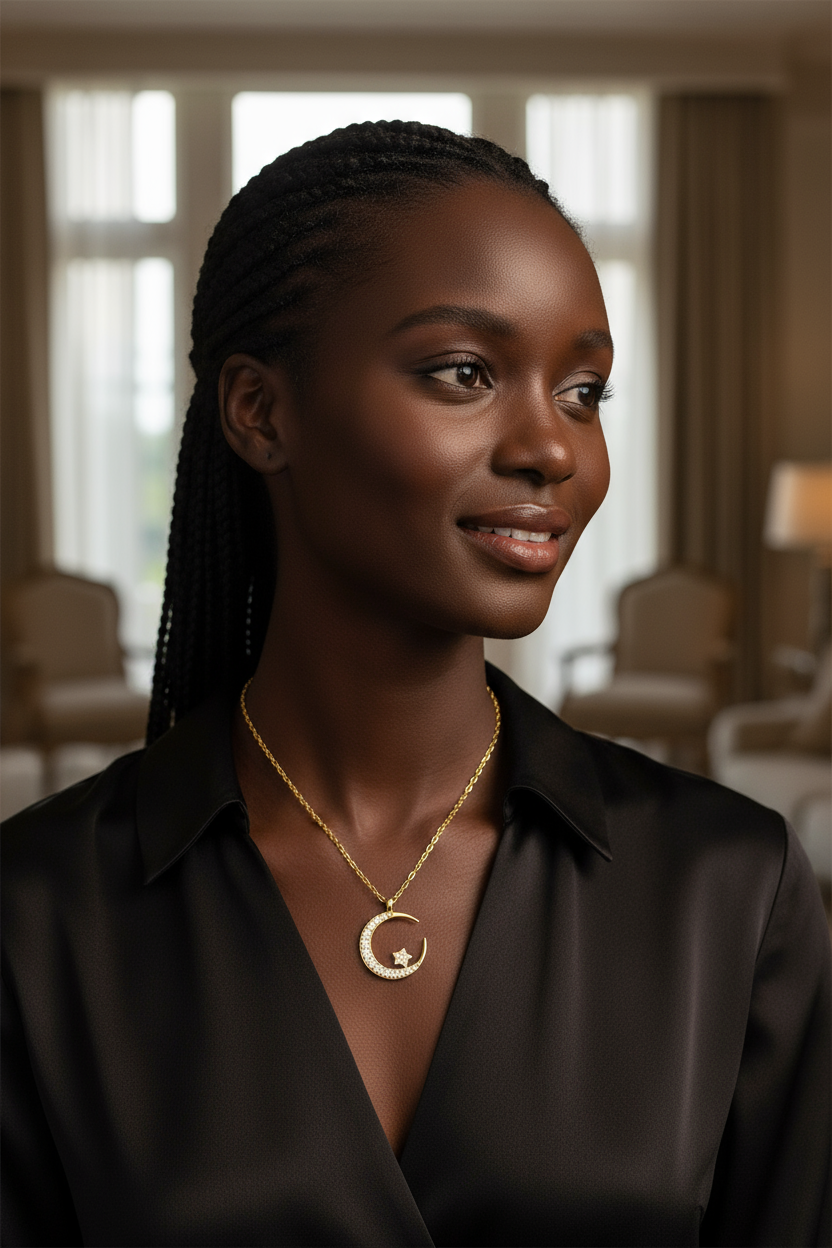 African woman wearing crescent moon and star necklace