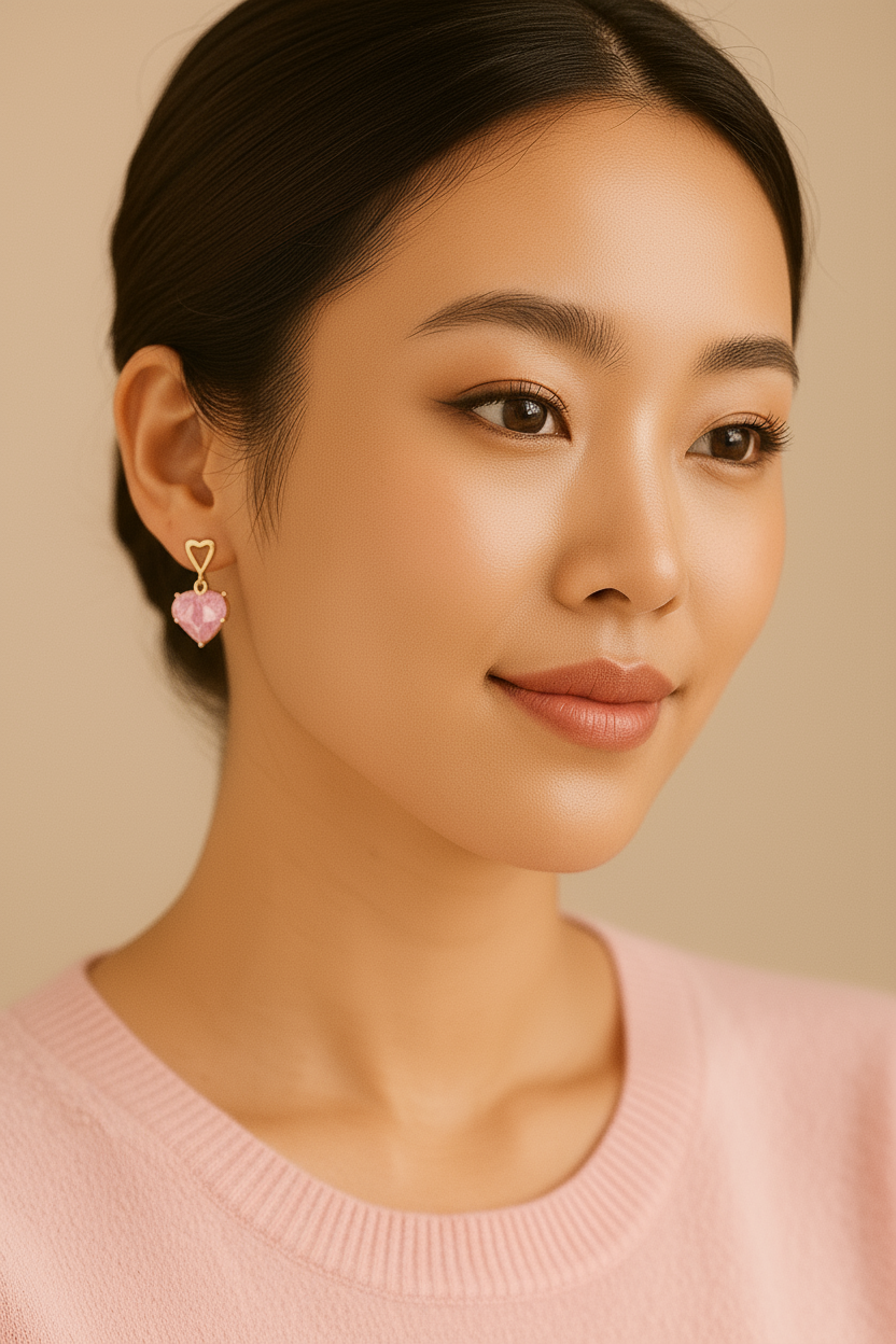 Asian woman wearing pink heart earrings - front angle