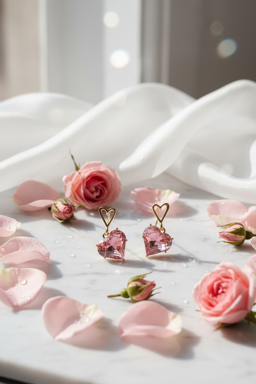 Dark pink heart earrings scene