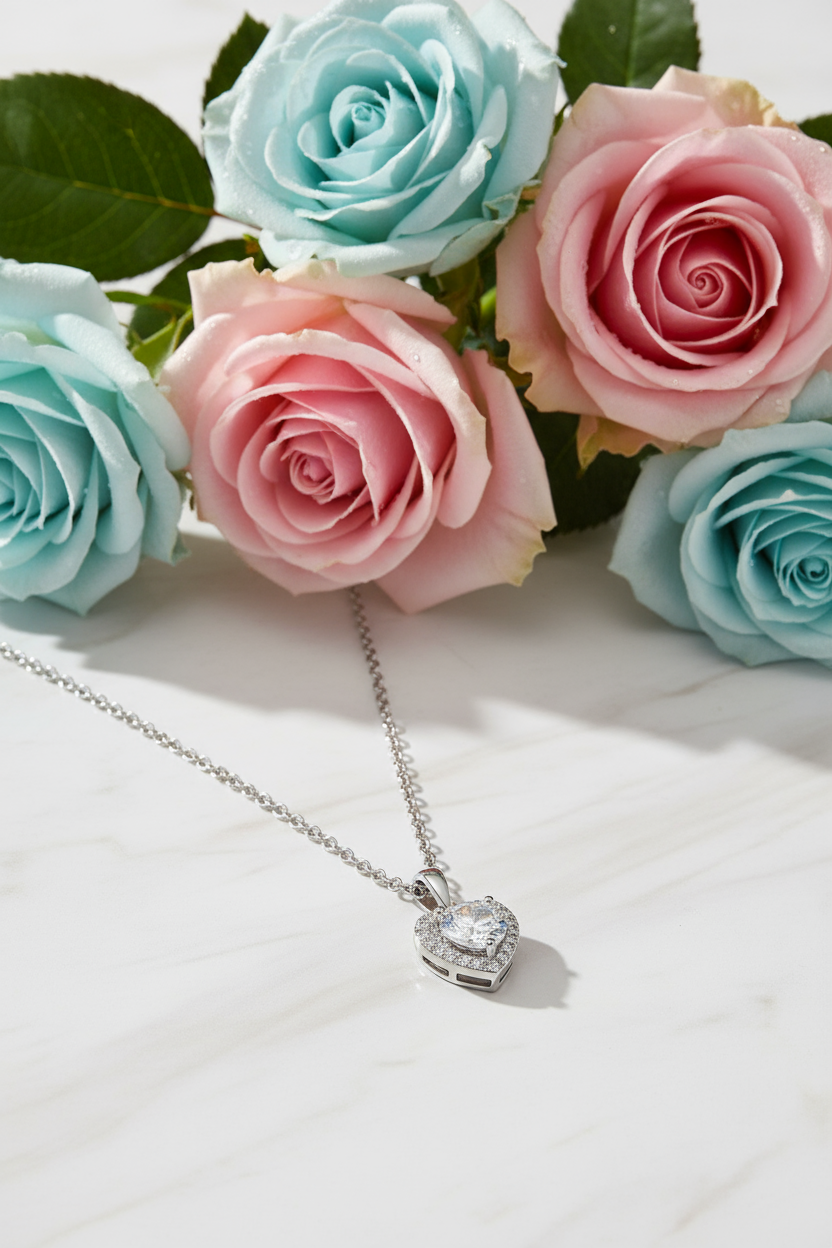 Diamond heart necklace with roses on marble