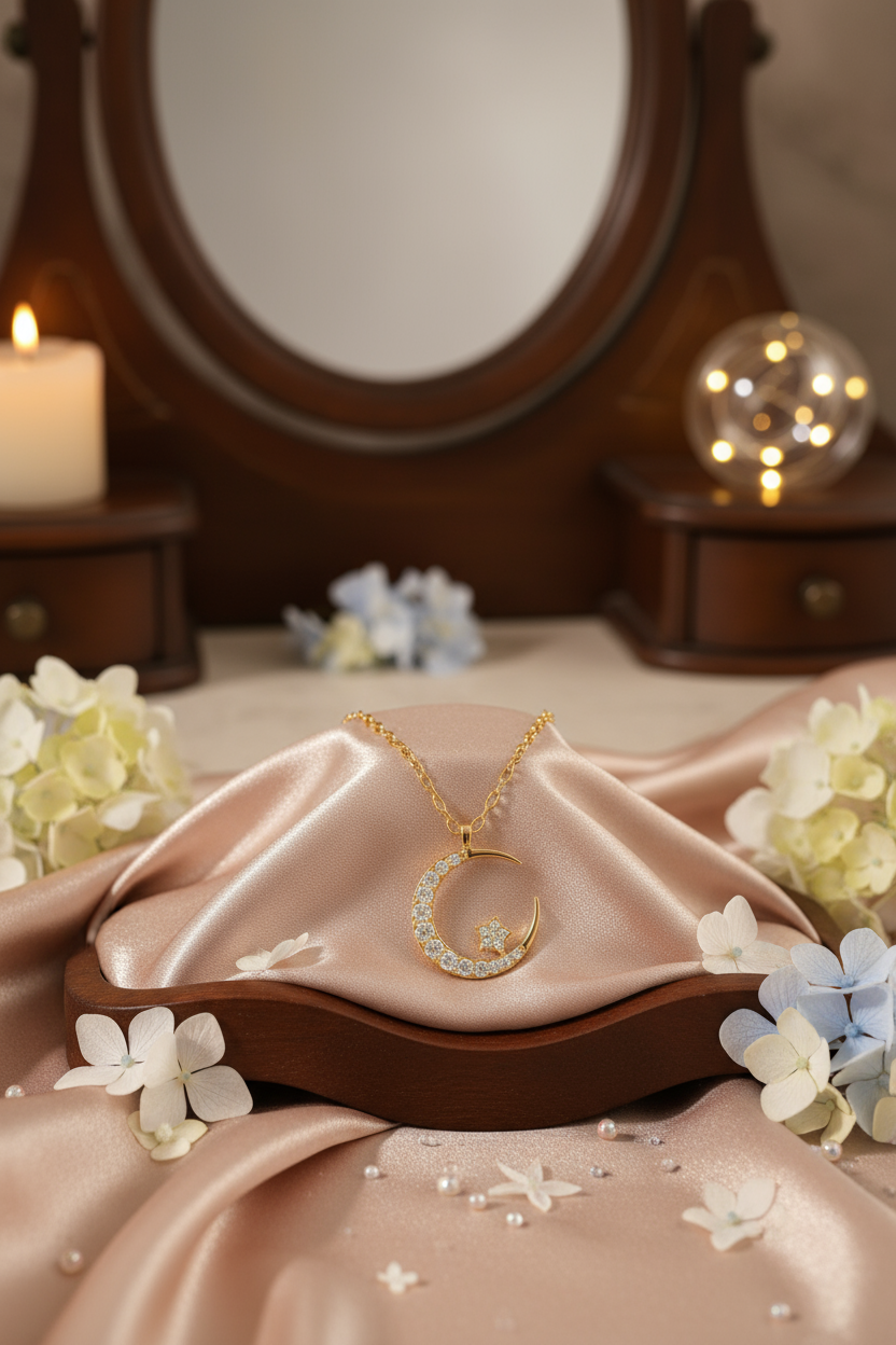 Elegant crescent moon and star necklace scene