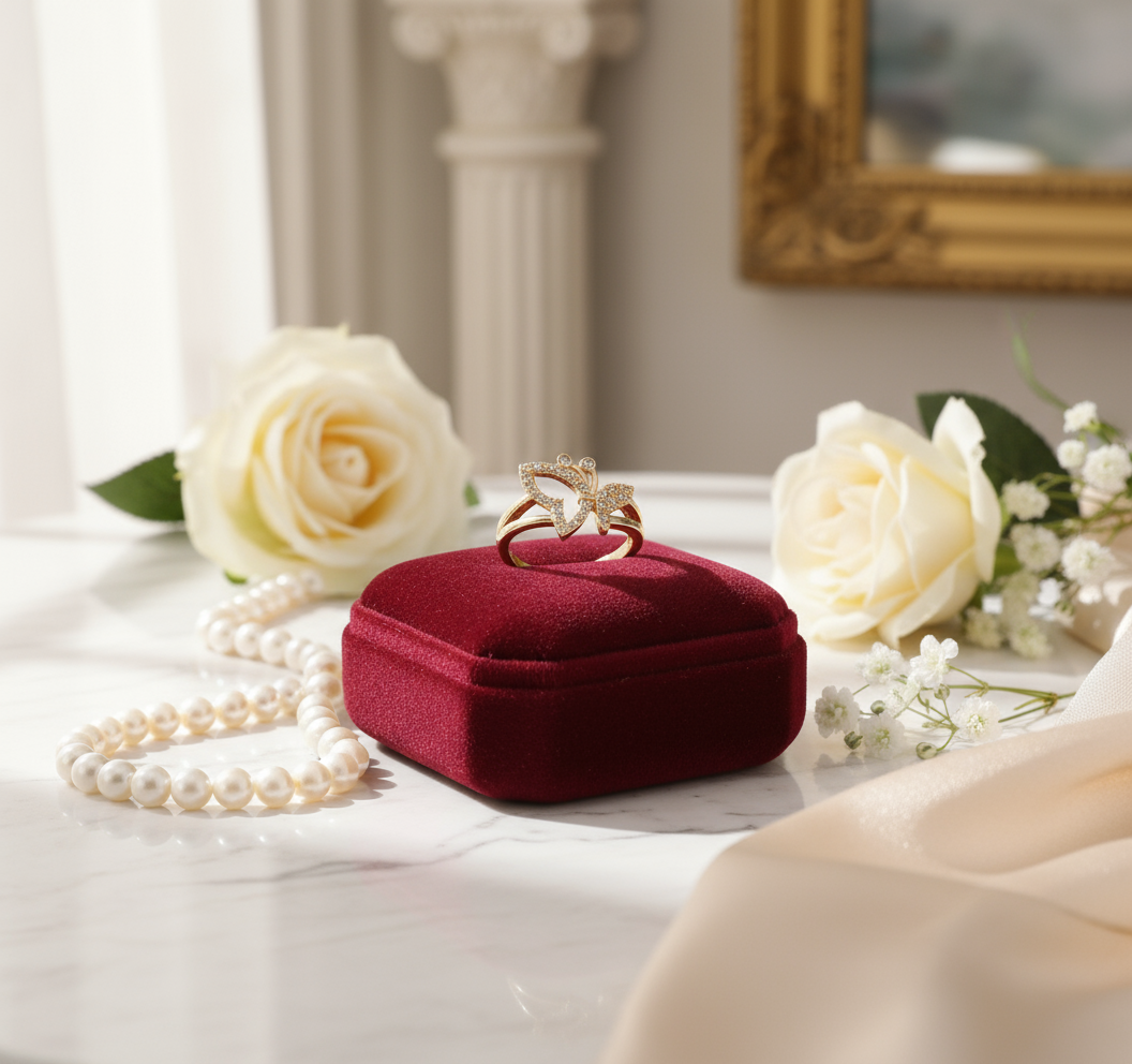 Elegant gold butterfly and crown ring scene