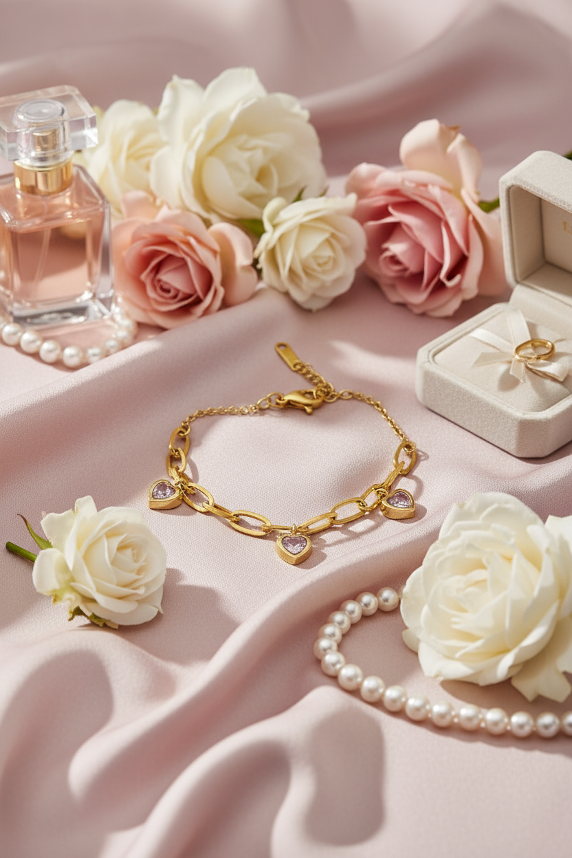 Elegant lifestyle scene with gold heart charm bracelet