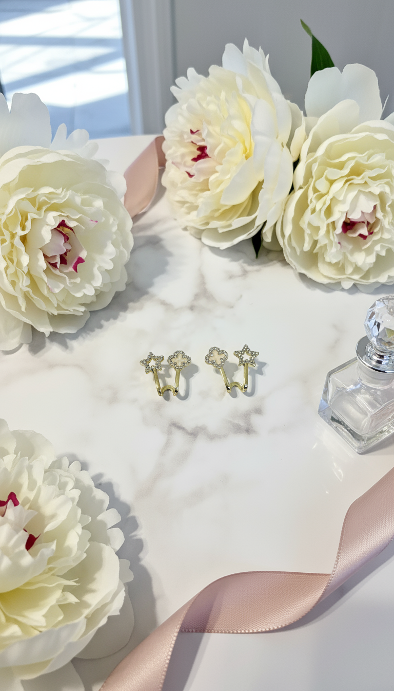 Elegant scene with gold earrings on marble