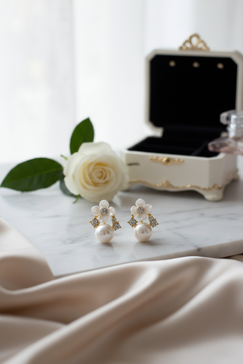 Elegant scene with pearl and crystal earrings
