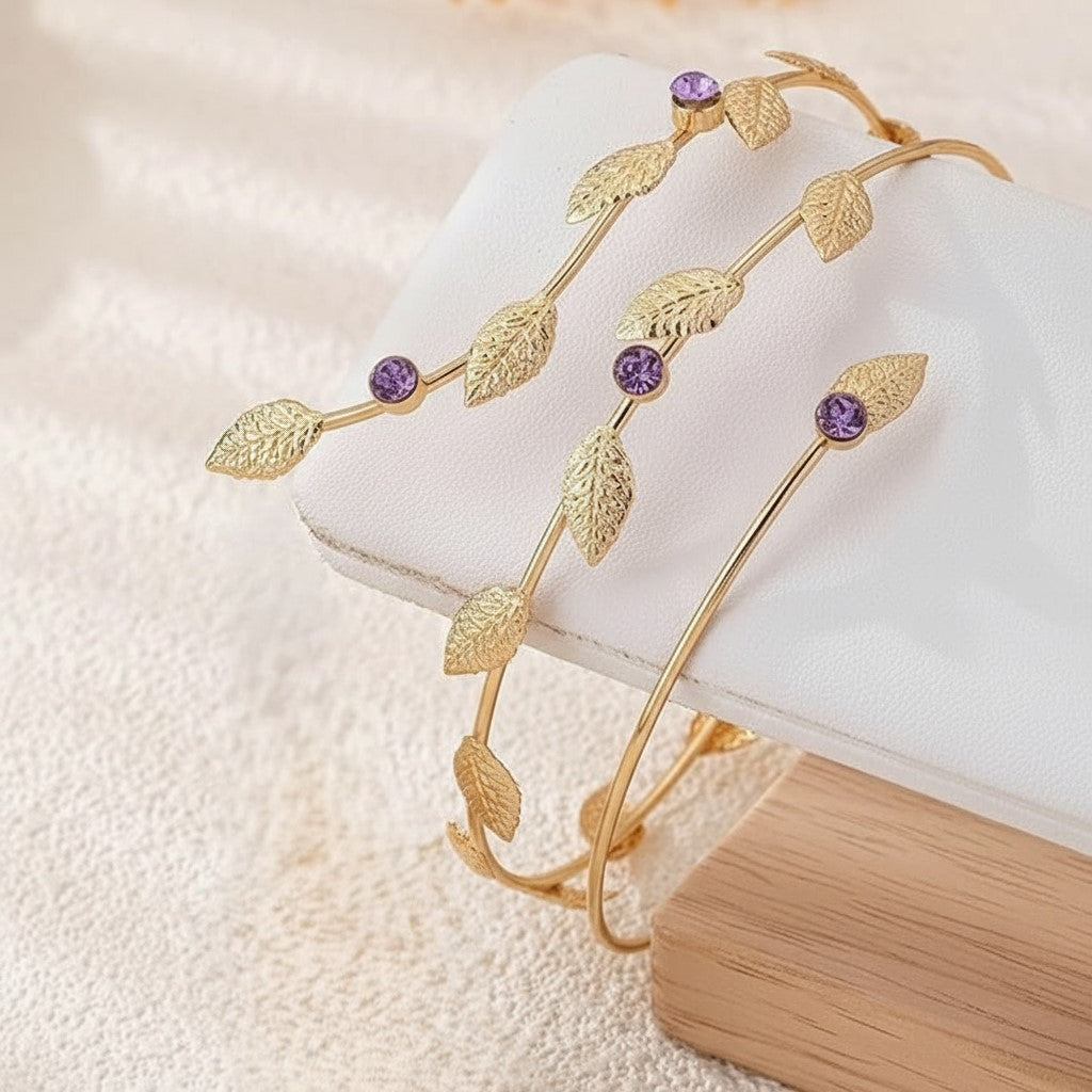 Gold Leaf Arm Cuff with Purple Gemstones