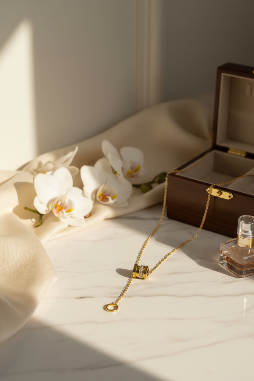 Gold lariat necklace lifestyle scene