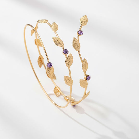 Gold Leaf Arm Cuff with Purple Gemstones