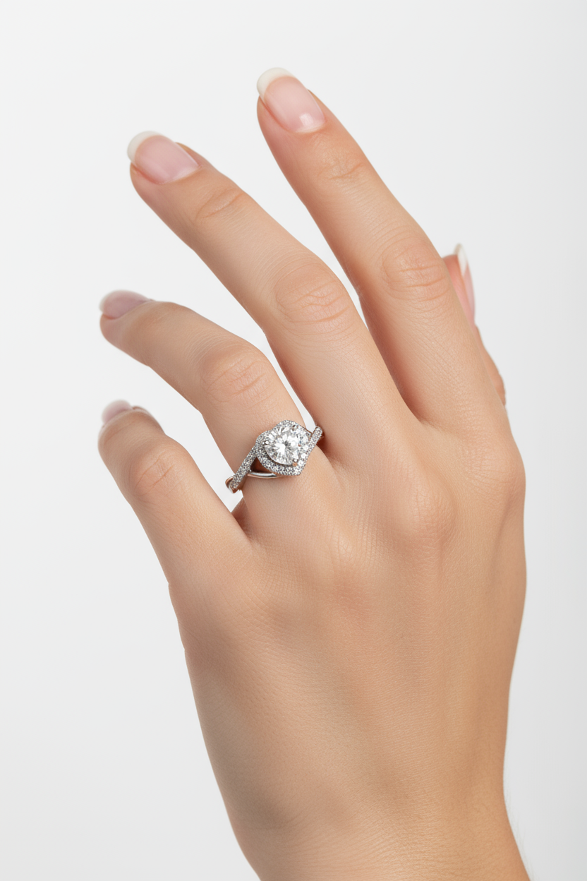 Heart-shaped diamond ring with twisted band on hand