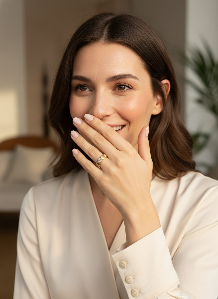 Model covering smile with hand wearing gold ring