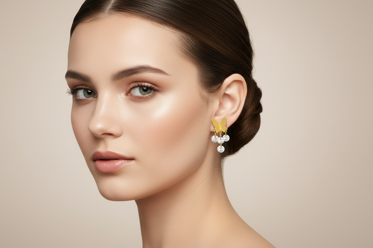 Model Wearing Butterfly Earrings - Realistic Size