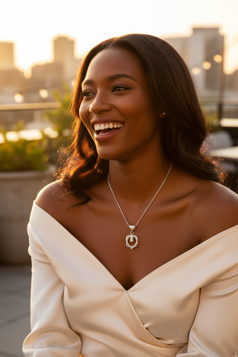 Model wearing necklace at correct scale