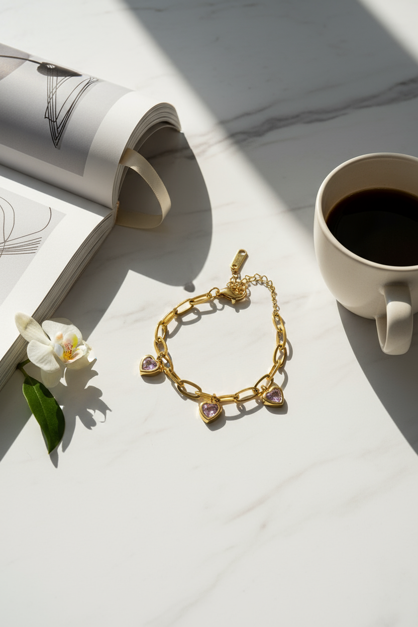 Modern minimalist lifestyle scene with gold heart charm bracelet