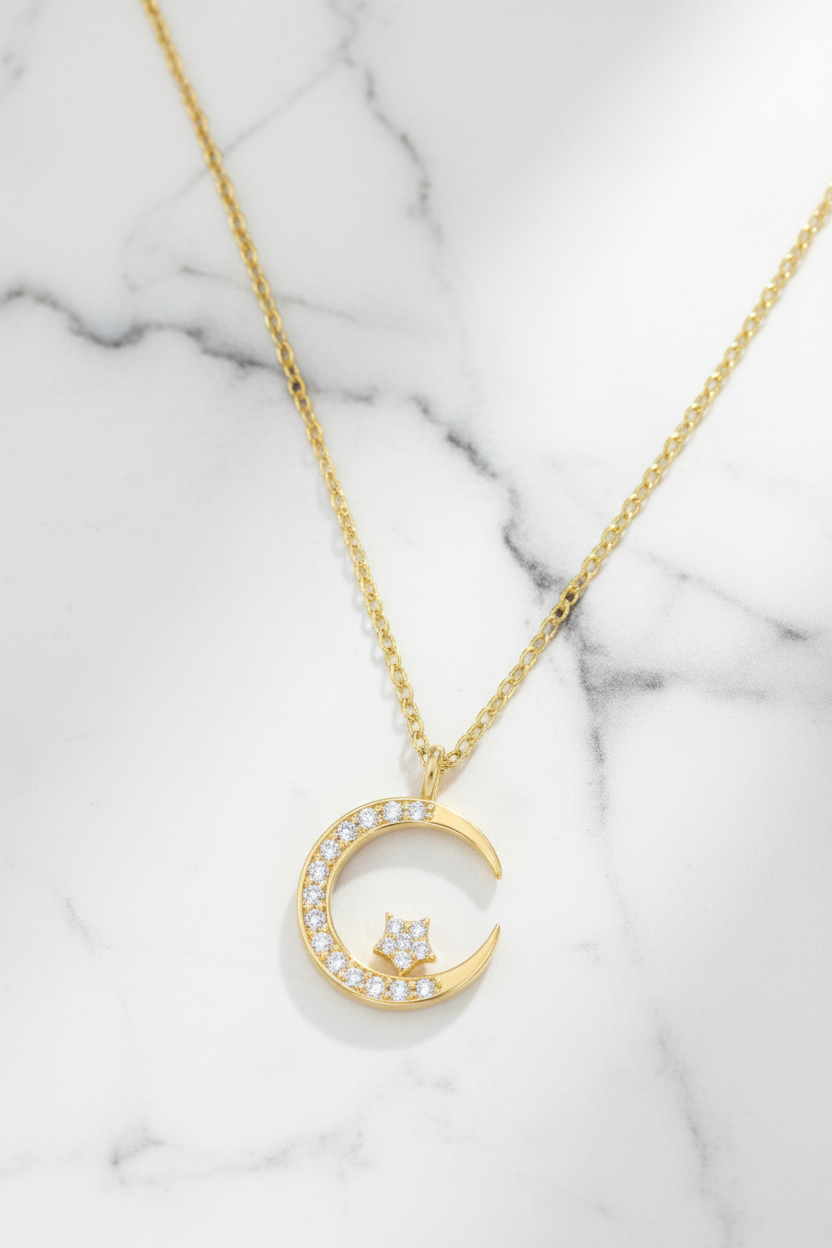 Moon and star necklace on white marble