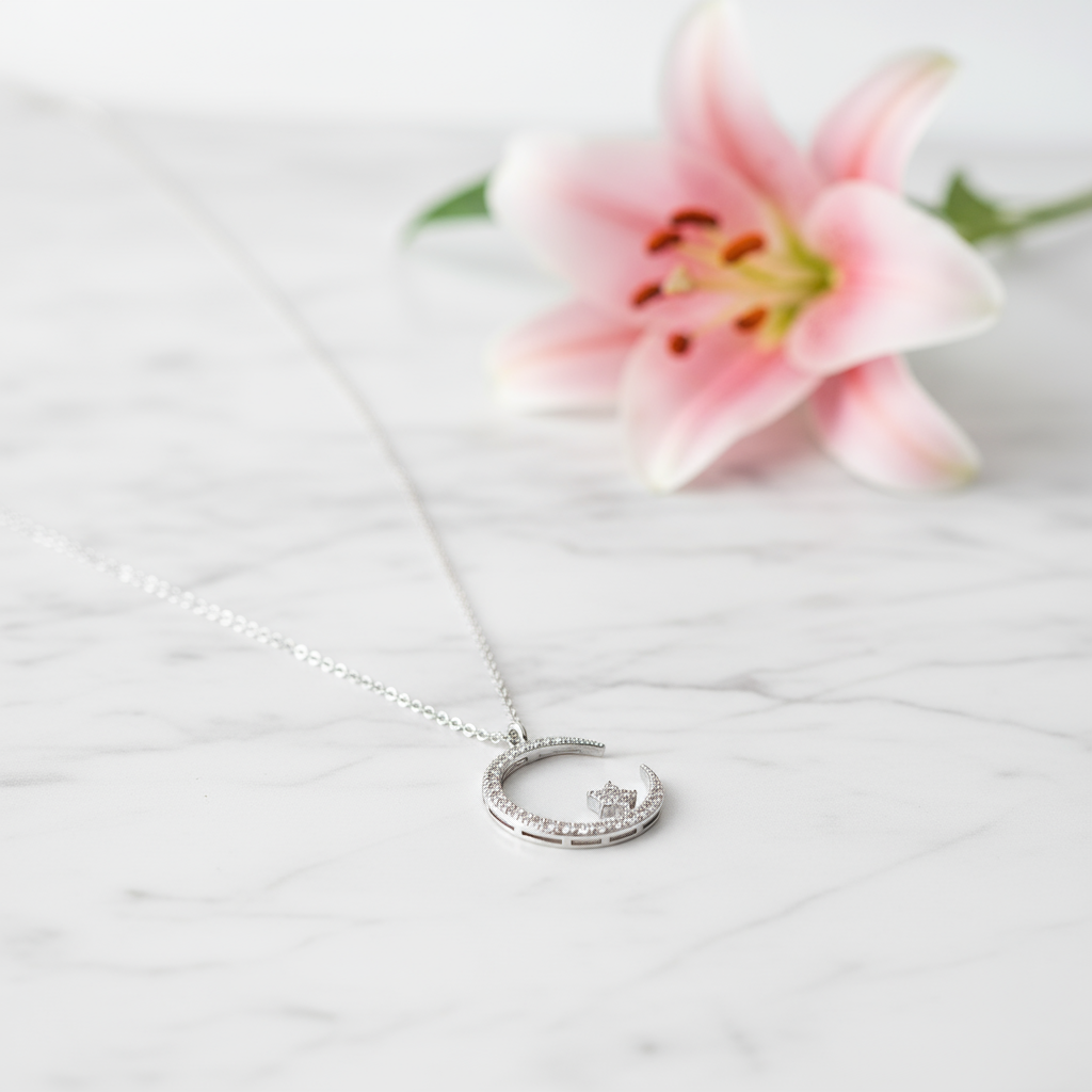 Necklace with marble and pink lily