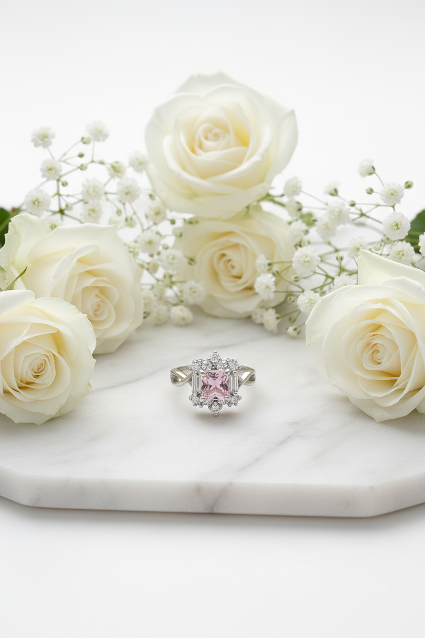 Pink gemstone ring scene with white marble and florals