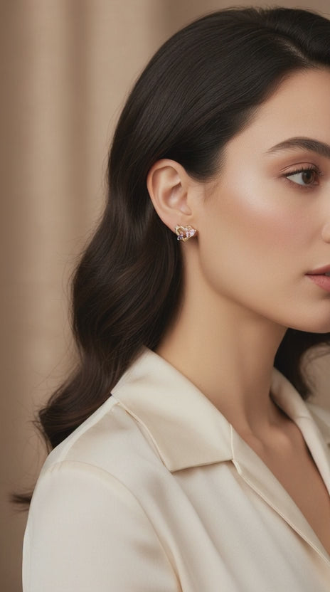 Gold Heart Earrings with Pink & Purple Gemstones